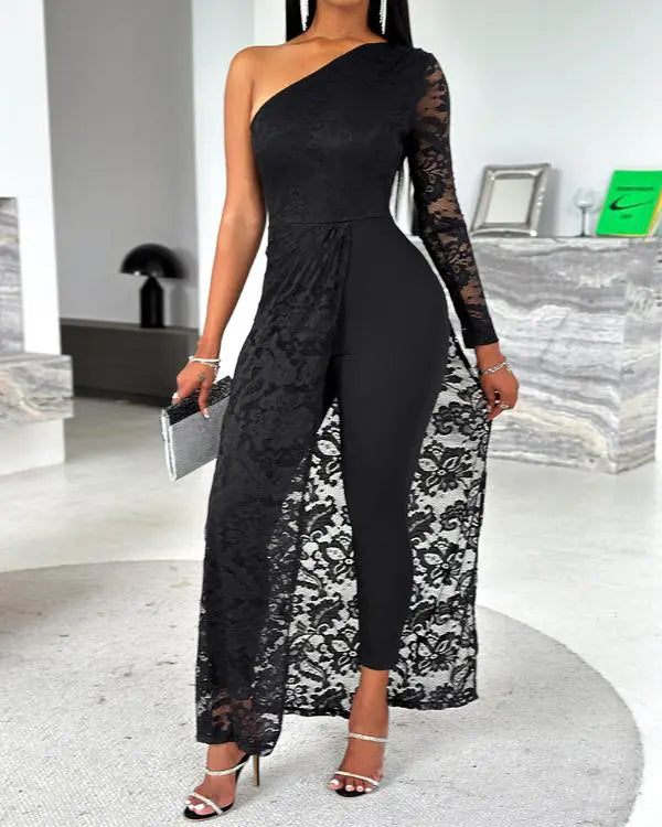 One Shoulder Lace Patch Asymmetrical Hem Jumpsuit