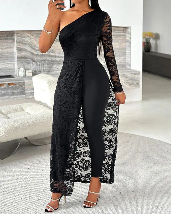 One Shoulder Lace Patch Asymmetrical Hem Jumpsuit