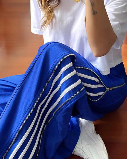 Striped Side Zipper Design Drawstring Wide Leg Casual Pants