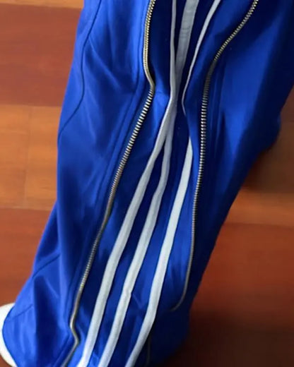Striped Side Zipper Design Drawstring Wide Leg Casual Pants