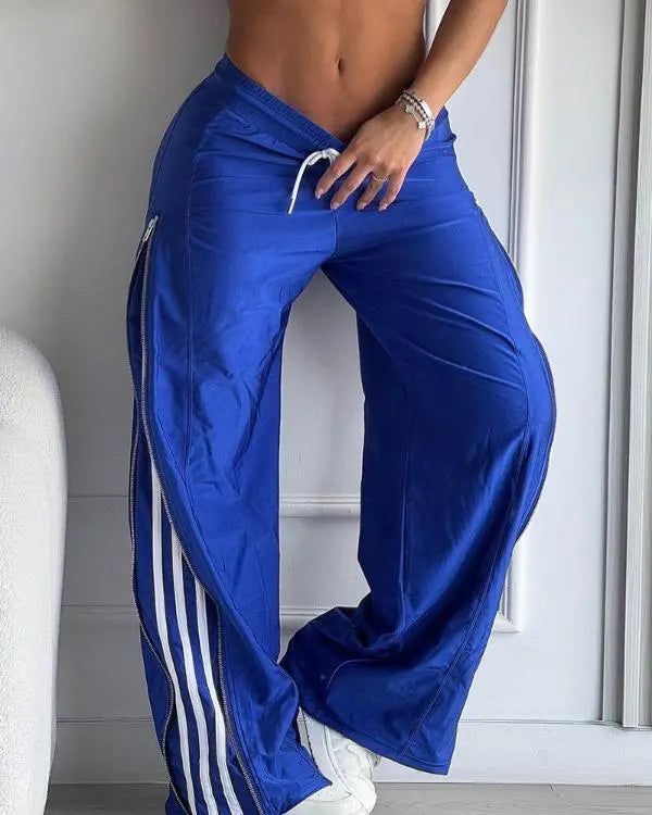 Striped Side Zipper Design Drawstring Wide Leg Casual Pants