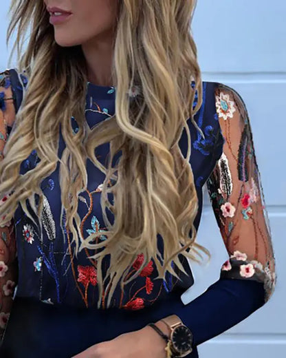 Floral Embroidery Print Sheer Mesh Top