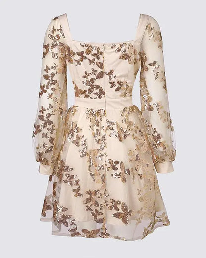 Butterfly Pattern Contrast Sequin Mesh Patch Mini Dress