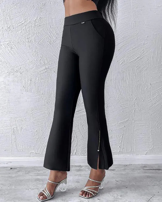 Slit Hem Rhinestone Decor High Waist Pants