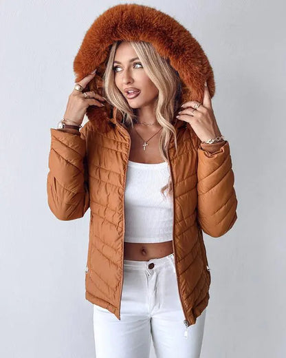 Zipper Pocket Design Shirred Fuzzy Trim Fleece Lined Hooded Puffer Jacket