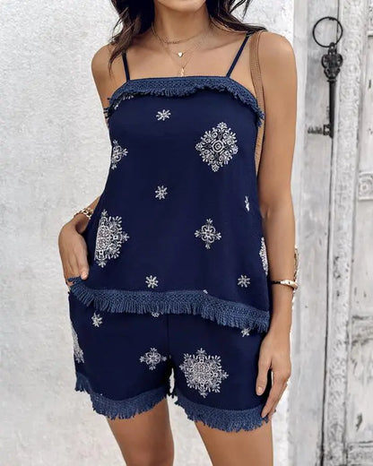 2 Piece Geometric Embroidery Spaghetti Strap Tassel Design Square Neck Top Casual Shorts Set