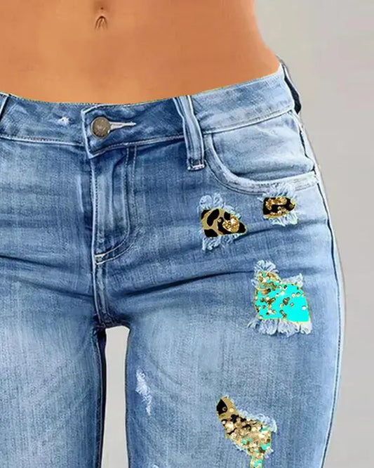 Contrast Leopard Print Ripped Patchwork Raw Hem Denim Shorts