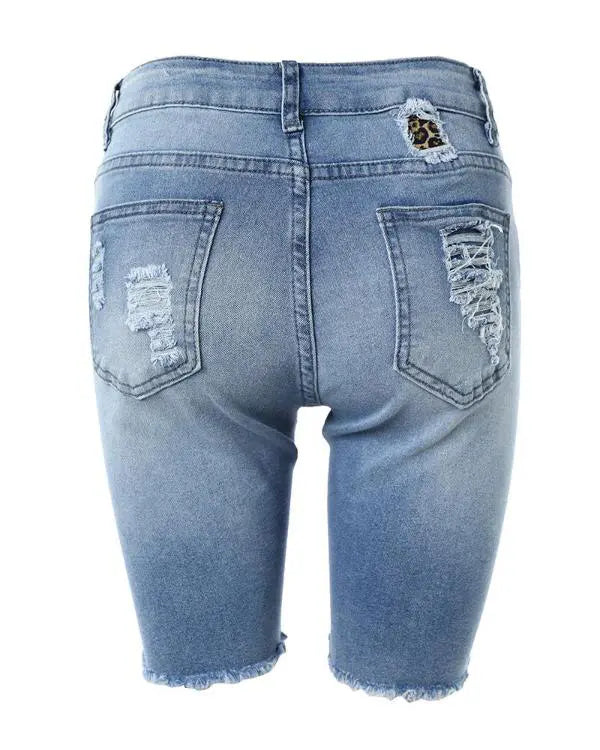 Contrast Leopard Print Ripped Patchwork Raw Hem Denim Shorts