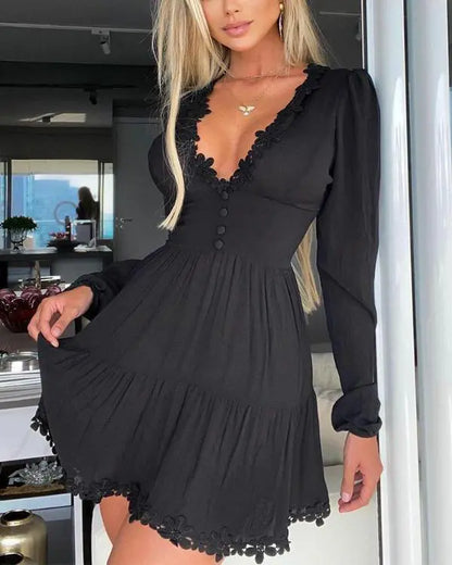 Lace Patch Button Front Ruched Casual Dress