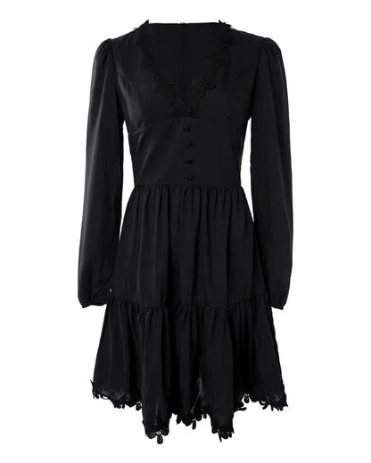 Lace Patch Button Front Ruched Casual Dress