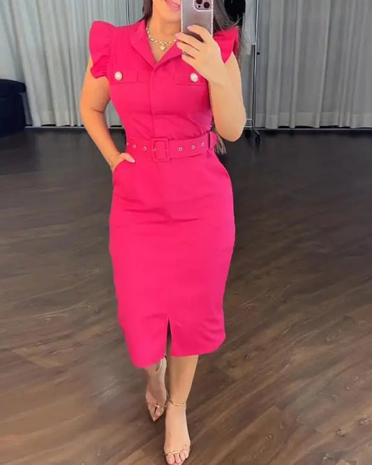 Turn-down Collar Flutter Sleeve Button Decor Front Slit Slim Fit Mid-Calf Dress Work Bodycon