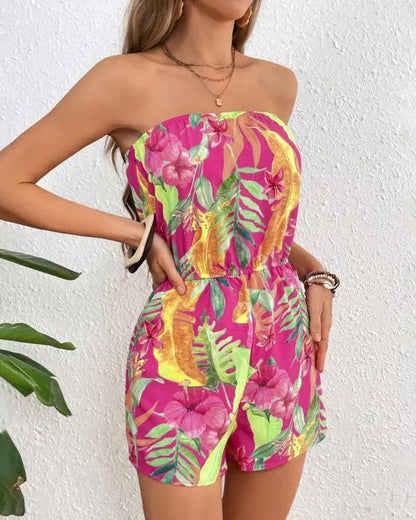 Floral Print Bandeau Sleeveless Romper Casual High Waist Holiday Jumpsuit