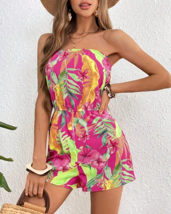 Floral Print Bandeau Sleeveless Romper Casual High Waist Holiday Jumpsuit