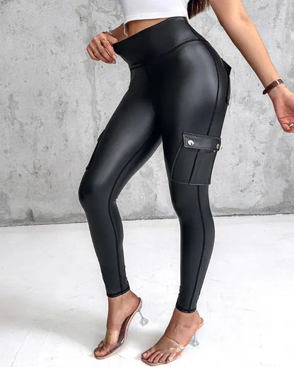 Leather Pants for Women High Waist Cargo Pockets Stretch Pants Leather Leggings