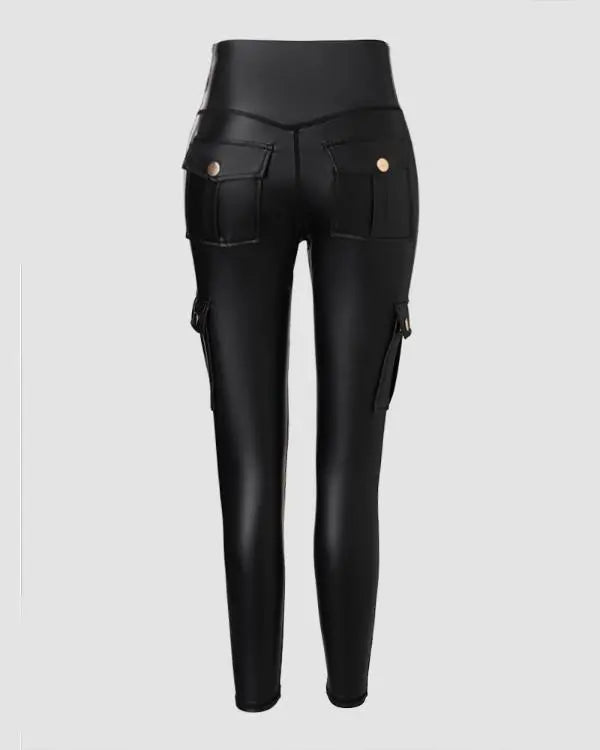 Leather Pants for Women High Waist Cargo Pockets Stretch Pants Leather Leggings