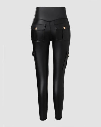 Leather Pants for Women High Waist Cargo Pockets Stretch Pants Leather Leggings