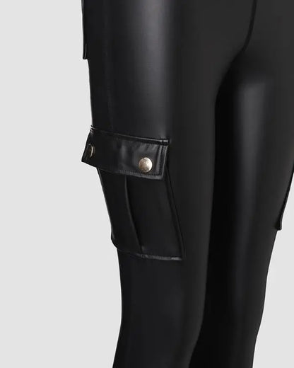 Leather Pants for Women High Waist Cargo Pockets Stretch Pants Leather Leggings
