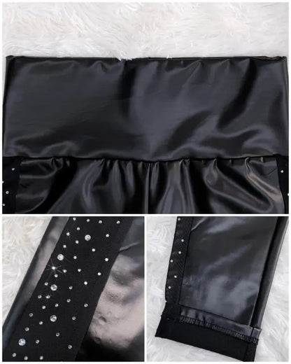 Rhinestone Contrast Mesh High Waist Skinny Pants Sexy Slim Fit Pu Leather Pants