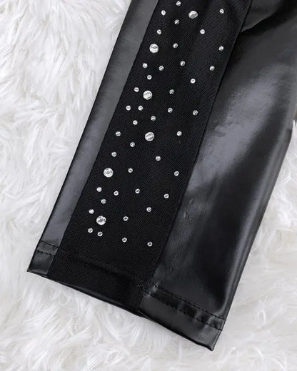 Rhinestone Contrast Mesh High Waist Skinny Pants Sexy Slim Fit Pu Leather Pants