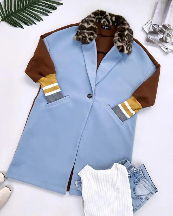 Color Block Long Trench Coat Single Breasted Detachable Fuzzy Leopard Pattern Lapel Overcoat