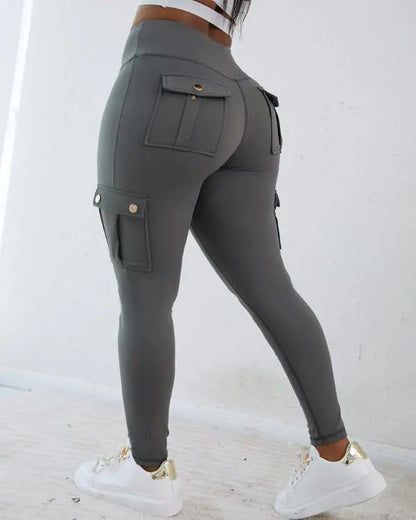 Camouflage Print High Waist Skinny Button Leggings with Pocket Casual Pants