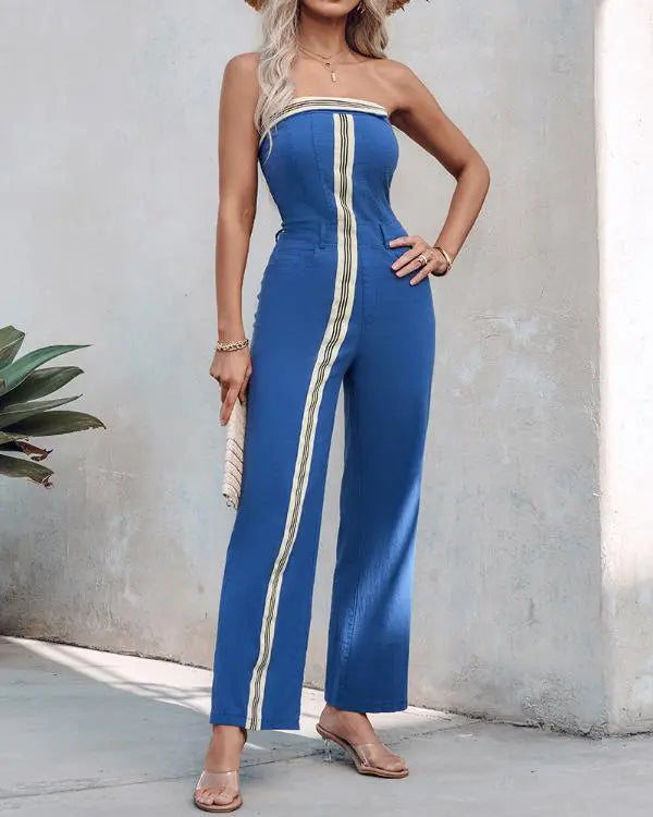 Striped Print Bandeau Sleeveless Shirred Jumpsuit Elegant Overall