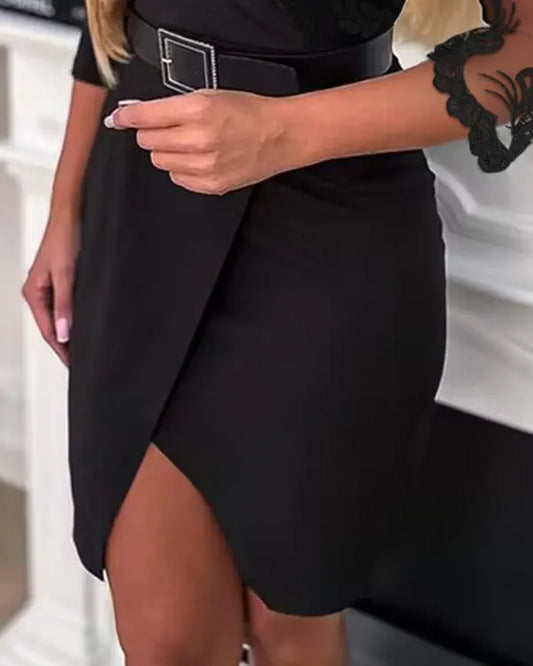 V-Neck Contrast Lace Three Quarters Pencil Dress Wrap Work Dress