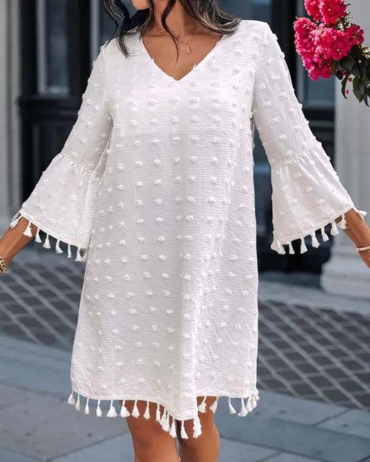 Polka Dot V-Neck Bell Sleeve Mini Dress Casual Loose Fit Dress