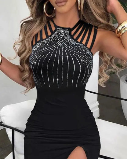 Rhinestone Decor Multi-Strap High Slit Party Dress