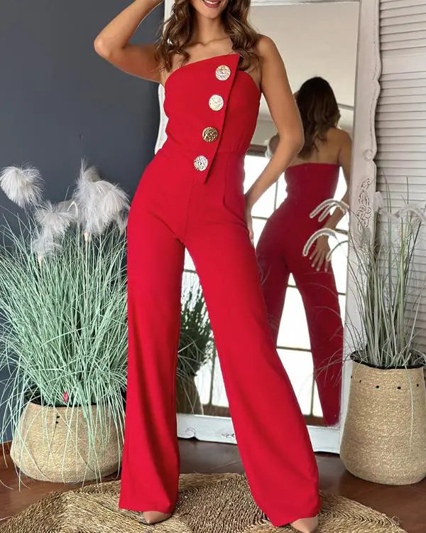 Asymmetrical Bandeau Strapless Jumpsuit Metal Button Decor Casual Overalls