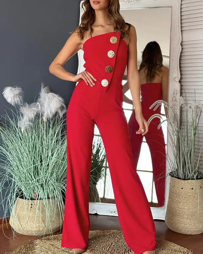 Asymmetrical Bandeau Strapless Jumpsuit Metal Button Decor Casual Overalls