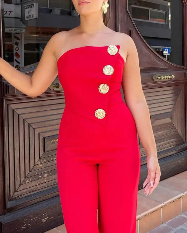 Asymmetrical Bandeau Strapless Jumpsuit Metal Button Decor Casual Overalls