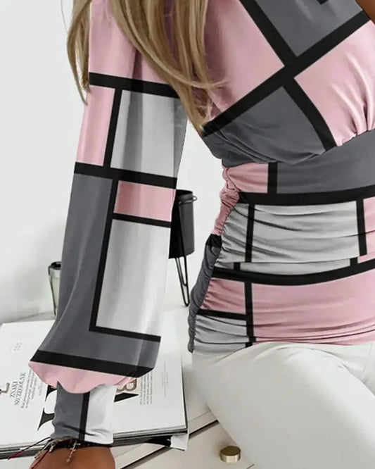 Geometric Print Lantern Sleeve Top