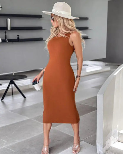 ShapeSculpt Shapewear Built-in Bra Tank Bodycon Dress Sleeveless Crew Neck Slim Casual Ribbed Mid-calf Dress