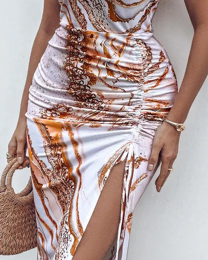 Contrast Leopard Print Drawstring Slit Casual Dress