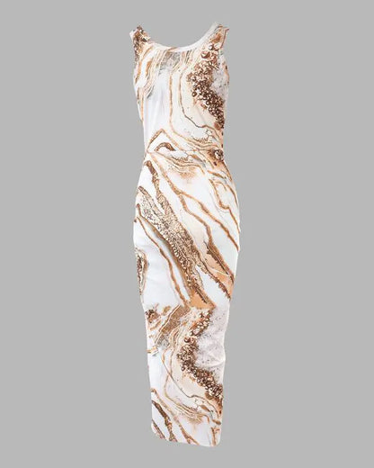 Contrast Leopard Print Drawstring Slit Casual Dress