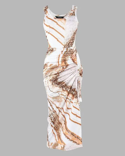 Contrast Leopard Print Drawstring Slit Casual Dress