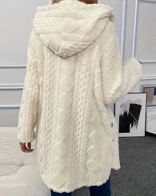 Cable Textured Lapel Neck Double Breasted Fleece Longline Teddy Coat