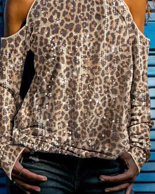 Leopard Pattern Contrast Sequin Cold Shoulder Top Long Sleeve Casual T-shirt