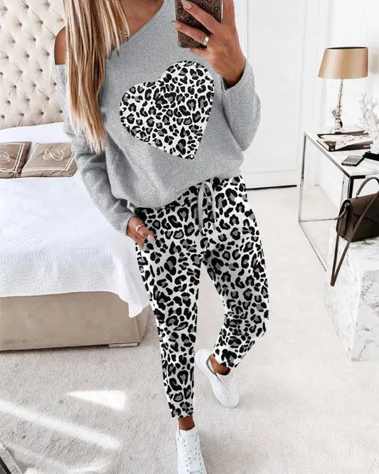 2 Piece Heart Leopard Print Tracksuits Set Skew Neck Long Sleeve Top Pants Sets with Pockets