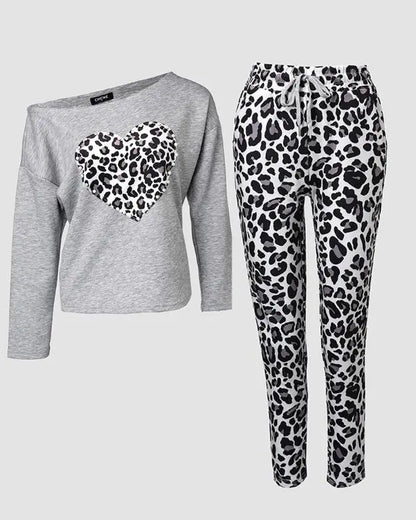 2 Piece Heart Leopard Print Tracksuits Set Skew Neck Long Sleeve Top Pants Sets with Pockets