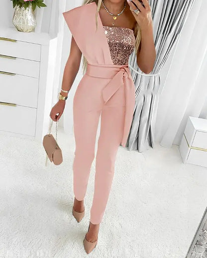 Contrast Sequin One Shoulder Jumpsuit Tied Detail Sleeveless Romper