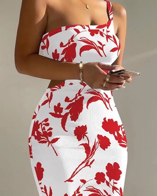 Floral Print One Shoulder Cutout Ribbed Bodycon Dress