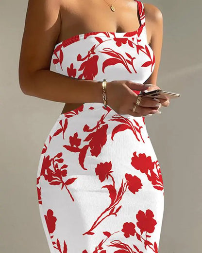 Leopard Butterfly Print One Shoulder Sleeveless Bodycon Dress Sexy Hollow-out Slim Fit Dress