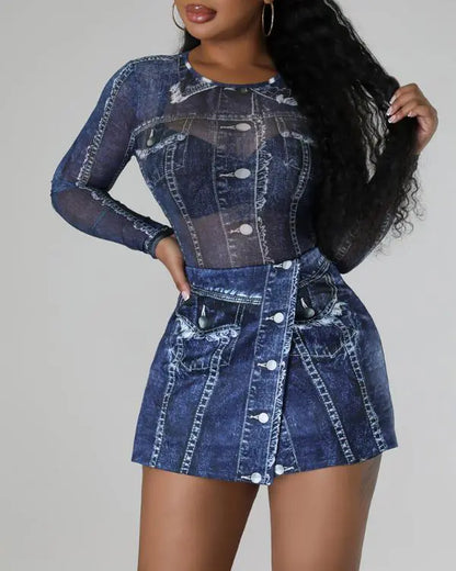 Denim Look Print Long Sleeve Top