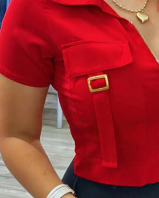 Turn-down Collar Front Zipper Short Sleeve Buckle Blouse Casual Top