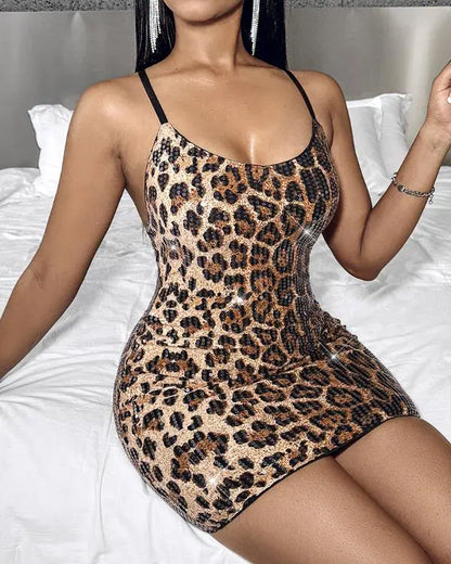 Snakeskin Pattern Allover Sequin Spaghetti Strap Mini Dress Backless Sexy Bodycon
