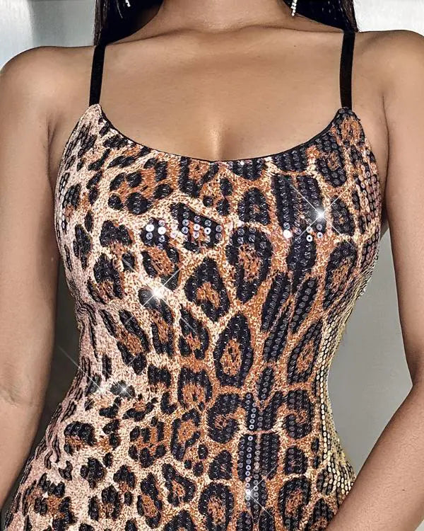 Snakeskin Pattern Allover Sequin Spaghetti Strap Mini Dress Backless Sexy Bodycon