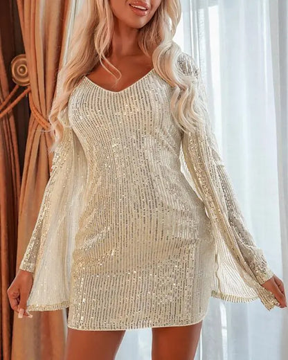 2 Piece Deep V-Neck Allover Sequins Slim Fit Elasticity Bodycon Party Cardigan Set