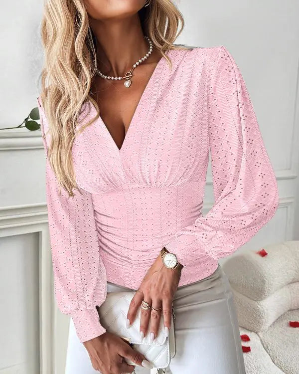 V-Neck Hollow-out Ruched Lantern Sleeve Tee Casual Top